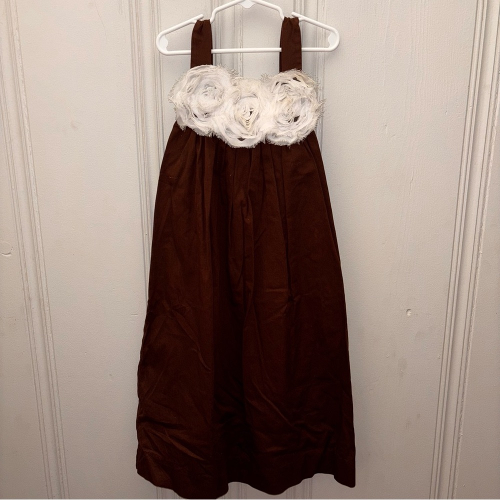 Hannah Kate Chocolate Brown Pique Sundress Dress White Floral Detail Satin Sash
